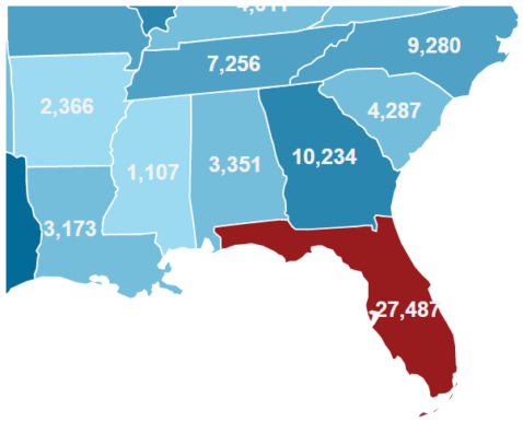 Map showing Florida as highest total for homeless in SE United States of America by USICH