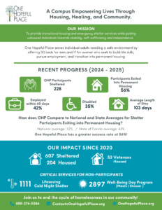 One Hopeful Place information flyer with green and blue colored sections with stats and summaries of the services provided to participants.