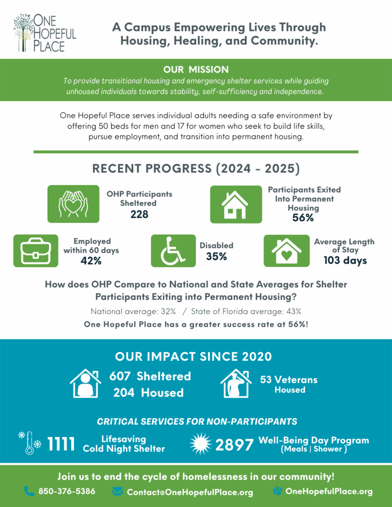 One Hopeful Place information flyer with green and blue colored sections with stats and summaries of the services provided to participants.